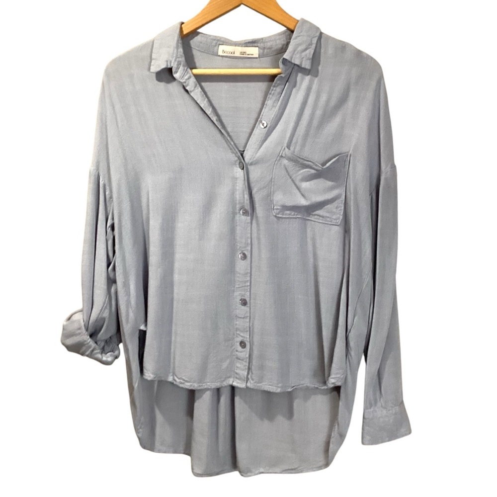 Be Cool Pale Blue Rayon Tab Sleeve‎ Blouse, Size M/L Lightweight Tunic 16896-22